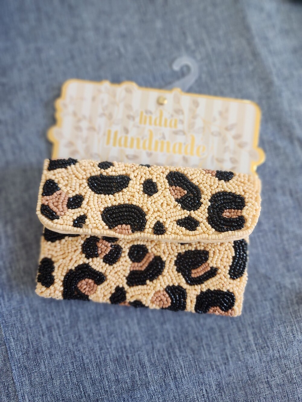 Handmade In India  Beaded Leopard Print Pouch - Beige, Black, Brown NWT